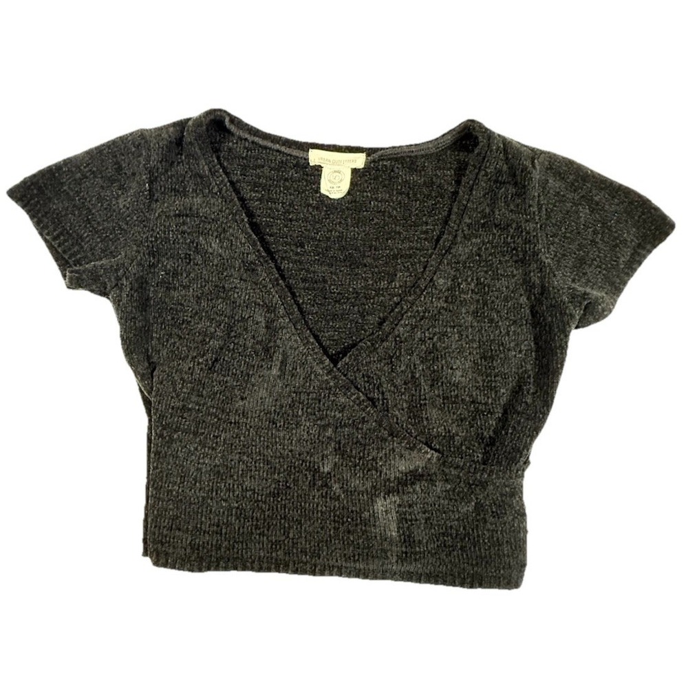 Y2K Urban Outfitters XS‎ Black Surplice Chenille Sweater Wrap Crop Top Retro